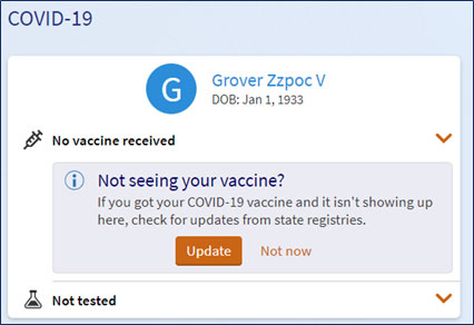 Click Update to search registries for vaccine information.