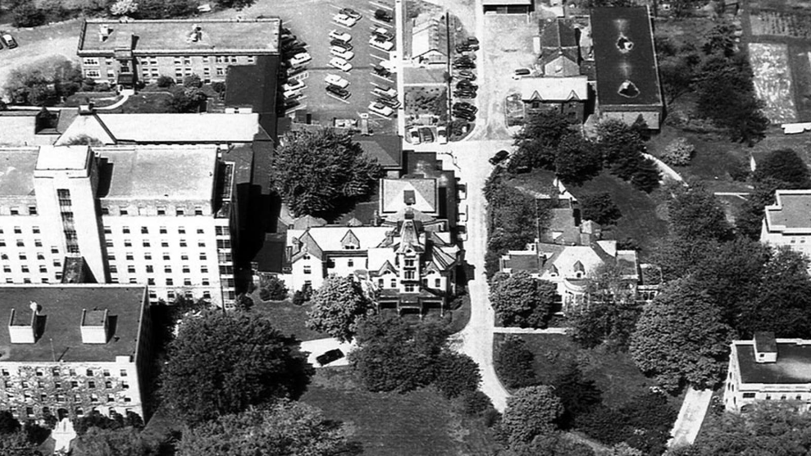 black and white image of Guthrie campus 