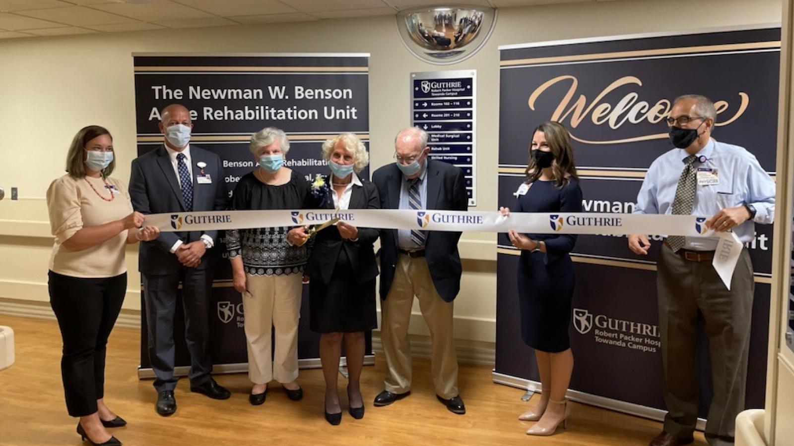 Guthrie leadership, Patricia Benson, and friends of Newman and Patricia Benson celebrate the opening of the Newman W. Benson Acute Rehabilitation Unit
