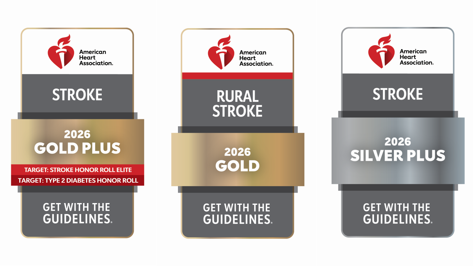 Three logos for Get With the Guidelines Gold, Rural Gold, and Silver recognitions.