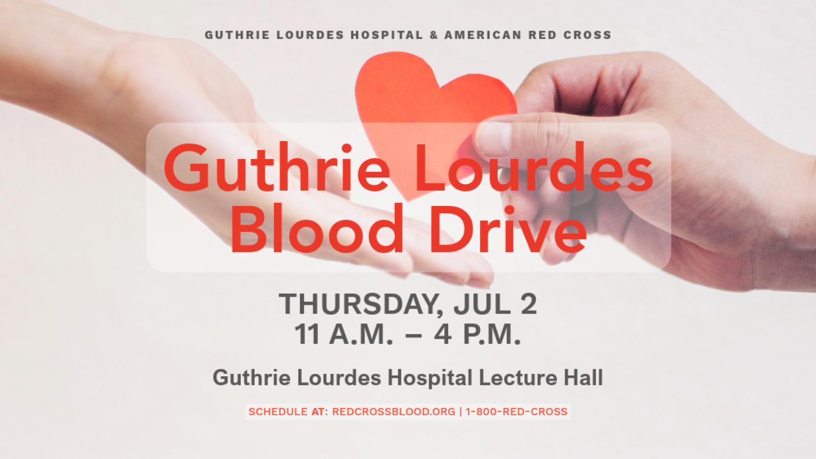 Guthrie Lourdes Hospital and the American Red Cross are inviting the community to help close that gap with a blood drive from 11 a.m. to 4 p.m. Thursday, July 2 in the Guthrie Lourdes Hospital Lecture Hall.  