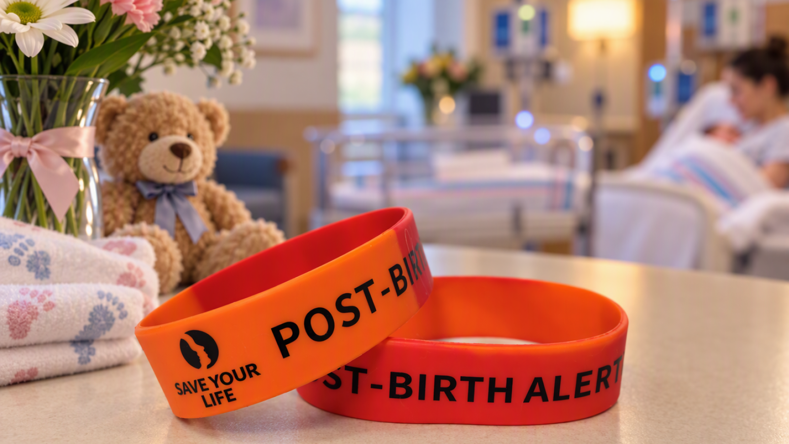 A pair of bracelets sit on a table with a vase of flowers, a small teddy bear. In the background a mother nursing a baby in a maternity ward are visible but blurred.