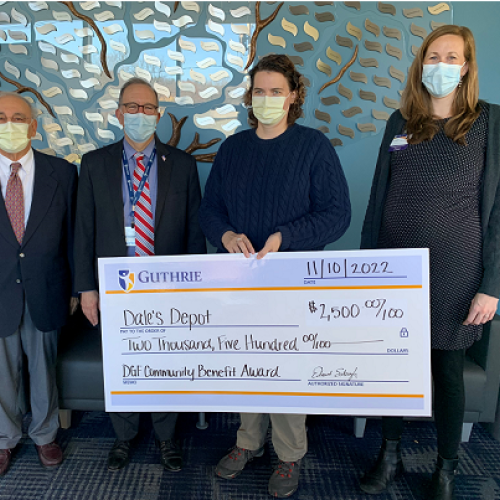 Dr. Charles Fedele, Member of the Donald Guthrie Foundation Community Benefit Committee, Dr. Edmund Sabanegh, Guthrie President and CEO, Julie Kerrick, Director and Founder of Dale's Depot, and Carly Nichols, Program Manager, Community and Hospital Based Projects