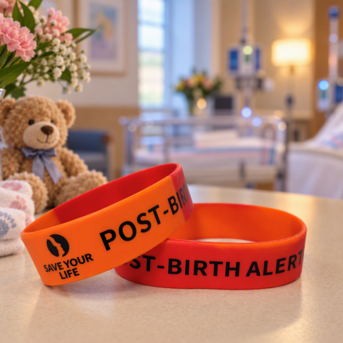 A pair of bracelets sit on a table with a vase of flowers, a small teddy bear. In the background a mother nursing a baby in a maternity ward are visible but blurred.